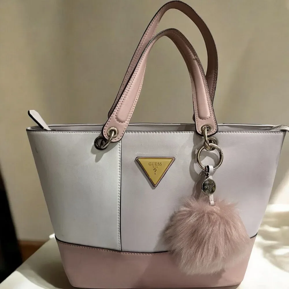 Guess Blush & Cream Colorblock Tote Bag Gold Logo Charm Pom Pom Large